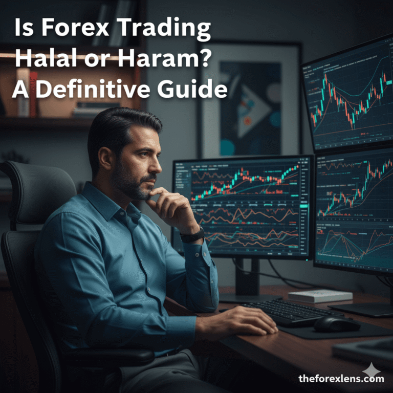 Professional Muslim trader analyzing financial charts, illustrating the question of whether forex trading is halal or haram.
