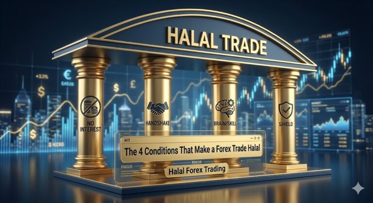 Conceptual illustration of the 4 conditions for halal forex trading: No Riba, Spot Exchange, Skill, and Risk Management.