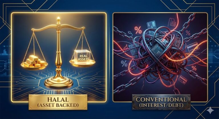 Side-by-side comparison illustration showing the structural difference between Halal Trading (Asset-based) and Conventional Trading (Interest-based).
