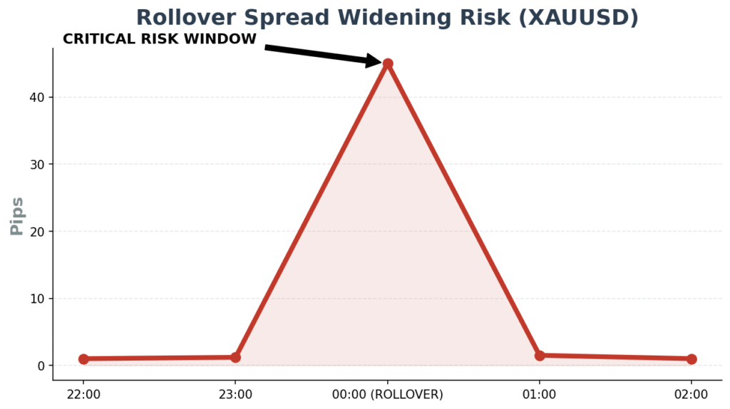 Technical chart showing Gold (XAUUSD) spread widening during daily 00:00 GMT rollover to audit swap-free compliance.