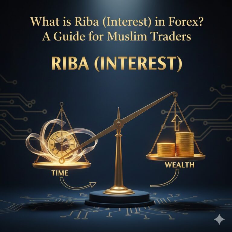 Conceptual illustration weighing time against money on a scale, visually representing the Islamic finance prohibition of Riba al-Nasi'ah (interest of delay) in forex trading.