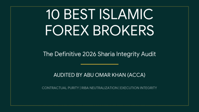 Cover of a 2026 forensic Sharia audit report titled 10 Best Islamic Forex Brokers, authored by Abu Omar Khan ACCA, highlighting technical analysis of Riba and execution integrity.