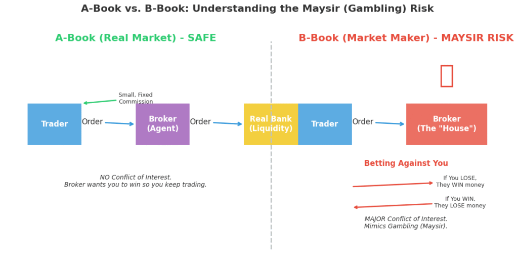 A-Book vs B-Book execution model comparison showing the Maysir gambling risk when a Forex broker acts as a Market Maker counterparty.